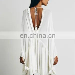 High Quality Raw Hem Cotton Gauze Dress Fashion High Low Tunic Dress thumbnail-4