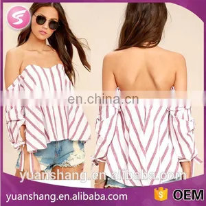 Custom Off the Shoulder Striped Crop Top For Women thumbnail-1