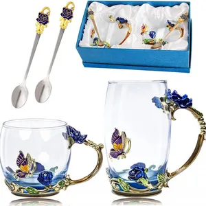Rose Flower Enamel Tea Cup Glass Mug With Spoon Set Tea Cup Glass Coffee Mugs Novelty Coffee Mugs thumbnail-1