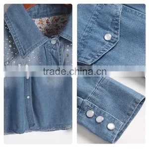 China Wholesale European Blue Long Sleeve Jean Womens Denim Jacket for Ladies thumbnail-4