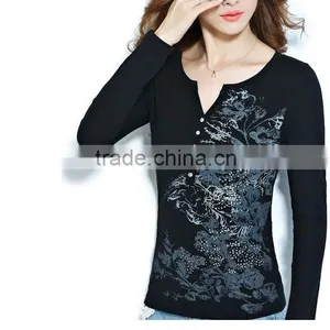 Long-sleeved Show Thin Funnel Collar T-shirt of Women v Neck t Shirt thumbnail-5