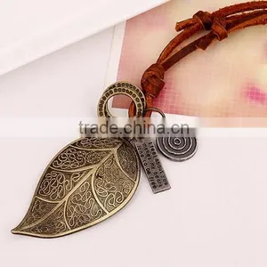 New Jewelry Fashion Beautiful Leaves Pendant PU Leather Chain Vintage Long Necklace thumbnail-3