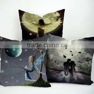 Square Plain Angel Print Cushion Cover Throw Linen Cotton Pillow Case thumbnail-1