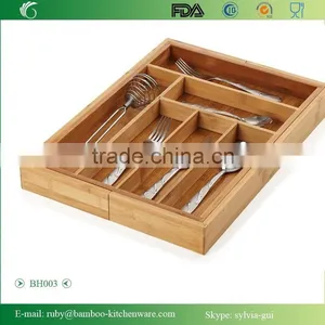 BH003/Expandable Bamboo Cutlery Drawer Organizer With Knife Block Compact Storage Tray thumbnail-3