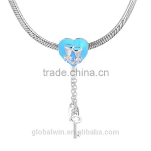 Hot Sale Blue Enamel Solid S925 Heart Silver Plated Bell Couple Bracelet Key Lock Personal Long Chains SlideCharms Pendants thumbnail-4