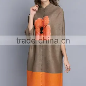 Latest Design Woman Button Flower Printed Crinkled Dress thumbnail-2
