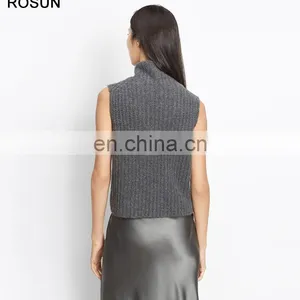 Women Grey Chunky Rib Cashmere Sleeveless Turtleneck Sweater thumbnail-2