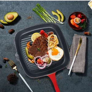 Enameled Cast Iron Steak Grill Pan - Square Skillet With Drip Spout, for All Cooktops, Perfect Grill Marks, Cardinal Red thumbnail-3