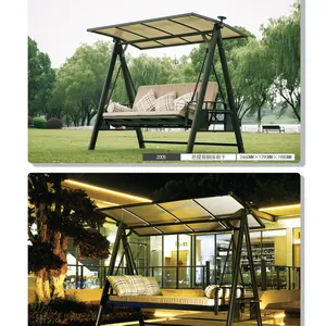 Solar LED Light Metal Outdoor Swing Chair With Sun Canopy, 2/3 Person Patio Glider Swing With Cup Holders & Storage Pocket for Garden, Villa Courtyard thumbnail-1