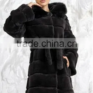 Rex14064 Hot Design Grey Rex Rabbit Fur Coat Knee-length thumbnail-1