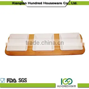 3pcs Best Quality Eco-friendly Hand Bamboo Tray Sets With Natural Ceramic Dishes thumbnail-1