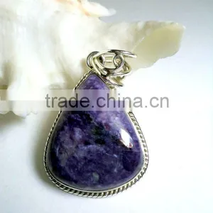 Charoite Pear Cabochon Gemstone Pendant, Designer 925 Solid Sterling Silver Pendant, Fashionable Freefrom Bezel Pendant thumbnail-1