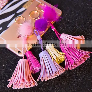 Charm Mink Fur Ball Leather Tassel Handbag Cell Phone Car Keychain thumbnail-1