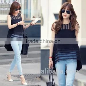 Blusas Femininas 2015 Summer Black Tulle Blusa Women Blouses Ladies Clothing Organza Sleeveless Striped Chiffon Blouse thumbnail-2