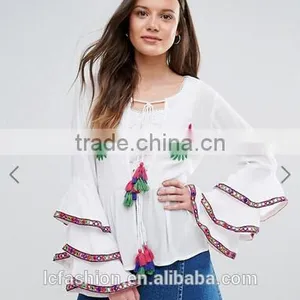 New Designs Fashion Hot Sale Boho Blouse Embroidered Layered Sleeve Women Tops Blouse thumbnail-4