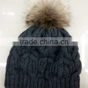 2016 Unisex Fashion Hot Popular Crochet Wool Beanie Knitted Cap With Real Racoon Dog Fur Pompom thumbnail-1