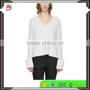 Women Wearing Sexy Design V Neck Blank White Sweater With Rolled Cuffs With Buttons thumbnail-1