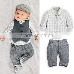 2016 Baby Boy Clothing Sets Cotton Boy Suit With Vest And Grid Tops Grey Pants Infant Wear Kids Clothes Child Apparel thumbnail-1