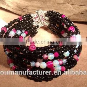 Black Glass Beads Moonstone and Pink Stripped Agate Bracelet thumbnail-2