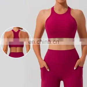 Ribbed High Impact Backless Crop Sports Bras Women Racer Back Custom Crop Gym Tops 75nylon 25spandex thumbnail-1