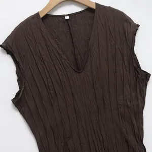 Spring 2025 New Women's Clothing With European and American Temperament, V-neck Short Sleeved Pleated Mid Length Dress thumbnail-2