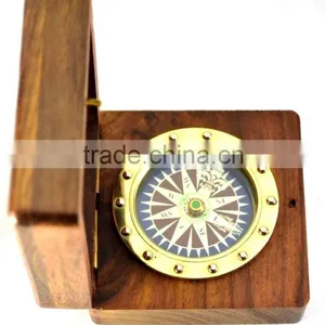 Antique Vintage Solid Brass Gift Compass With Wooden Box 13522 thumbnail-2
