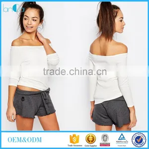 Latest Design Fashion Women t Shirt Long Sleeve off Shoulder Blank T-shirt thumbnail-1