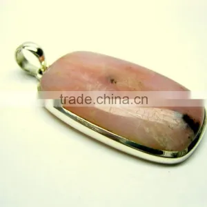 Pink Opal Long Cushion Cabochon Gemstone Pendant, 925 Solid Sterling Silver Pendants, Designer Bezel Pendant thumbnail-1