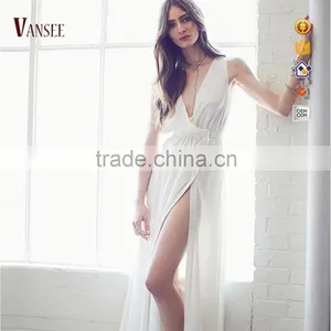 Plain Dye Deep V Blank Elegant Short Sleeve Long Evening Dress thumbnail-1
