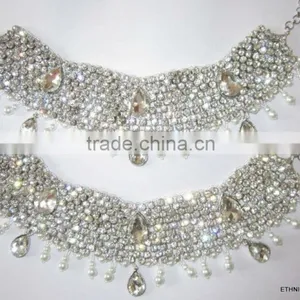Silver Crystal Broad Payal ANKLETS Pair Feet Bracelet thumbnail-2