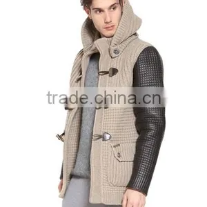 Men Hoodie Knitted Cardigan Leather Sleeve Wool Sweater Coat thumbnail-2