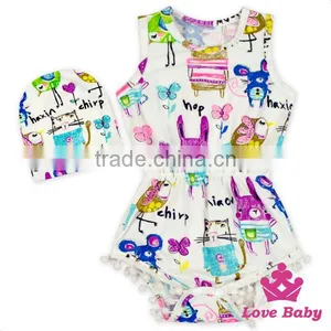 2LLY-090 Lovebaby Latest Sleeveless Printed Animals Pattern Summer Pom Pom Romper With Baby Hatbaby Jumpsuit Designs thumbnail-1