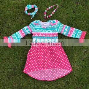2015 New Girls High Low Dress Kids Aztec Blue Dress Hot Pink White Polka Dot Dress With Necklace and Headband thumbnail-1