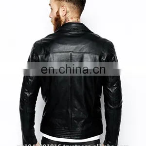 Men's Fashion Genuine Cowhide Milled Leather Bomber/Biker Jacket Quilted Pocket in Black thumbnail-2
