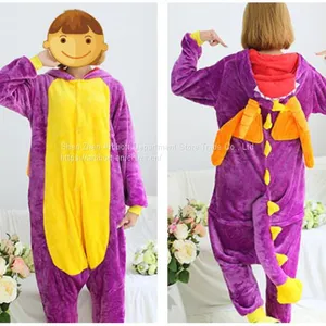 Purple Dinosaur Cartoon Flannel Conjoined Polyester Children Pajamas thumbnail-4