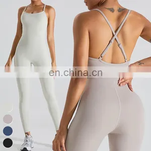 Cross Back Sleeveless Adjustable Straps Playsuits Custom Workout Bodysuit Gym Fitness Jumpsuits Women One Piece Yoga Jumpsuit thumbnail-1