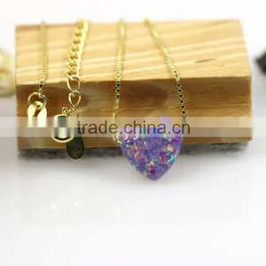 Synthetic Amethyst Opal Heart Gems Stone Pendant18K Golden Plated 925 Sterling Silver Chain Necklace thumbnail-5