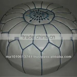 White Handmade Moroccan Leather Pouffe Ottomans Pouf With Customised Stitching Colour thumbnail-1