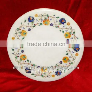 Pietra Dura White Marble Inlay Table Top Decorative Table Top thumbnail-1