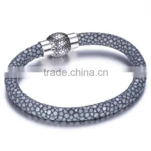 Bio Magnetic Bracelet Unisex Genuine Grey Stingray Cord Leather Bracelet Bangle Stainless Steel Charm Jewelry 2017 for Men Women thumbnail-3