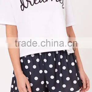 Custom Logo Print Loose Top Short Sleeve With Dots Shorts Causal Pajama Set Ladies Pyjama Set thumbnail-6