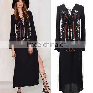Yihao 2017 Woman Long Dress Sexy Deep V-Neck Black Hippie Chic Embroidery Long Sleeve Maxi Dresses With Slit Women Clothing thumbnail-2