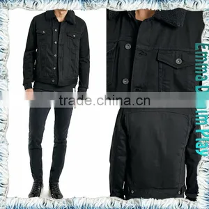 Medium Wash Fur Collar Black Denim Mens Short Jackets thumbnail-1