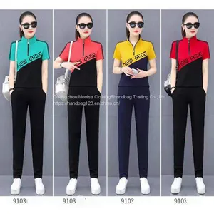 Monisa Sports Leisure Colorful Mixed Suit With Short Sleeves and Long Trousers thumbnail-1