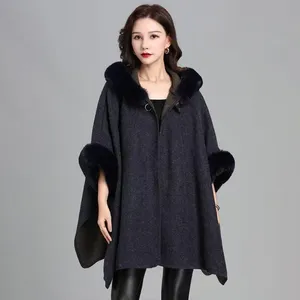 European and American Imitation Rex Rabbit Fur Collar Hooded Large Cape Cape Knitted Cardigan Fur Coat Woman thumbnail-4