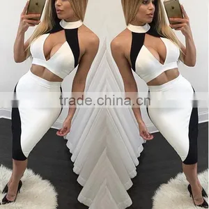 Sexy Women Sleeveless Two Piece Crop Top Bodycon Dress For Night Clubwear Party thumbnail-1