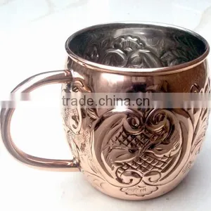 NICELY EMBOSSED 100% PURE COPPER BARREL MOSCOW MULE MUG NICKEL LINED thumbnail-1