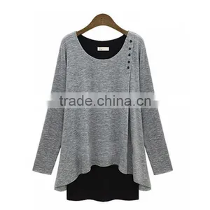 New Design Irregular Two Color Fake Two Pcs Long Sleeve Women Wear Loose T Shirt Water Fall thumbnail-2