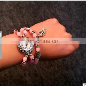 Women Retro Pendant Quartz Watch Multi-color Imitation Agate Beads Bracelet Lady Casual Wristwatch thumbnail-3