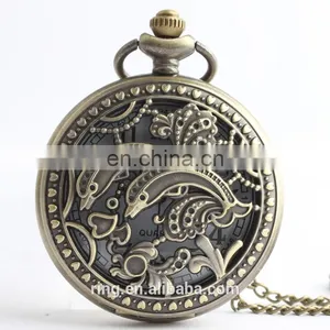 Fashion Retro Bronze Hollow Carved Dolphin Unisex Pocket Watch thumbnail-3
